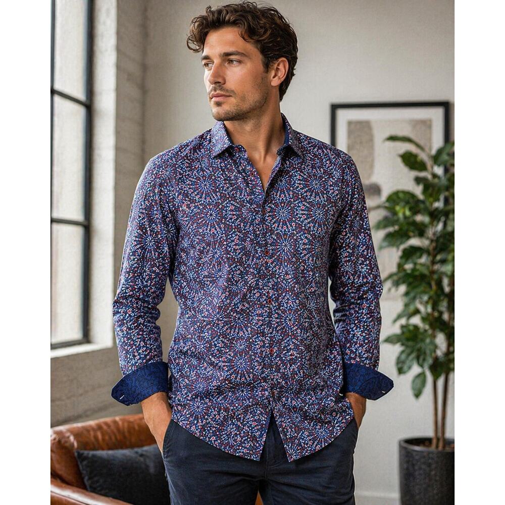 Spazio Italian Designer Shirt M Firework Print Button Up Long Sleeve Flip Cuff